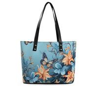 Blue Butterfly Floral Leather Tote Bag for Women Work Shoulder Purses with Zipper Waterproof Large Computer Shoulder Bag Fashion Ladies Shoulder Handbag Reusable Shopping Bags