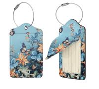 Blue Butterfly Floral Luggage Tag PU Leather Suitcase Tags Identifiers Travel Tags with Privacy Protection and Stainless Steel Loop Luggage Bag Tag for Women Men, Black, 2 Pcs