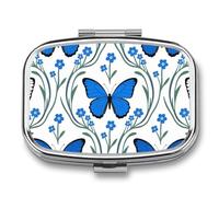 Blue Butterfly Flower Pill Box Travel Pill Organizer 2-Compartment with Mirror Design Portable Square Medicine Case for Vitamins, Jewelry & Essentials Durable Pocket Pillcase for Purse, Camping