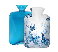 Blue Butterfly Flowers Hot Water Bottle with Cover, 2L PVC Hot Water Bag with Soft Cover, Reusable Heating Pad for Pain Relief Warm Hands Waist Abdomen Feet & Bed