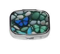 Blue Butterfly Green Butterfly and Stone Print Square Metal Pill Box Decorative Pill Case - Carry Your Meds in Style (Rectangular)
