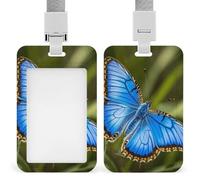 Blue Butterfly Id Badge Holder with Lanyard, Clear Vertical Card Protector Waterproof, Breakaway Safety Neck Strap, Heavy Duty Name Tag Holder for Nurse Teacher Officer Staff Women Men