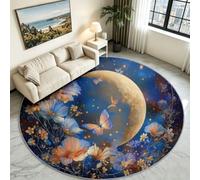 Blue Butterfly Moon Stars Round Rug 120 cm, Fantasy Space Washable Mat | Celestial Galaxy Circle Carpet, Anti-Skid Low Pile Rubber Base, Cosy Magical Play Rug for Kids Nursery & Bedside