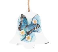 Blue Butterfly On Blossom Flower Print 6pcs Christmas Tree Hanging Decor, Wooden Angel Bell Tree Snowman Shapes For Xmas Setup