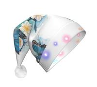 Blue Butterfly On Blossom Flower Print Santa Hat With Led Lights, Funny Christmas Hats For Adults For New Year Holiday Party Supplies