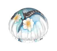 Blue Butterfly On Blossom Flower Print Shower Cap For Women Lightweight Reusable Softdouble Waterproof Layers Leakproof.