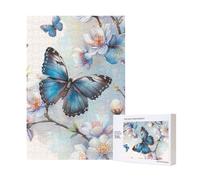 Blue Butterfly On Blossom Flower Printed Jigsaw Puzzle with Storage Box, Wooden Puzzle for Adults and Kids, 300 Pieces Family Fun Decorative Game