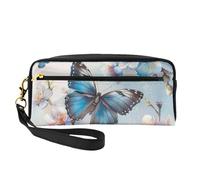 Blue Butterfly On Blossom Flower Printed Makeup Bag for Women Travel PU Leather Cosmetic Bag with Wristlet Toiletry Bag
