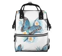 Blue Butterfly On Blossom Flower Prints Changing Bag Backpack Baby Diaper Bags for Mom Dad, Waterproof Nappy Rucksack Multifunctional Travel Bag