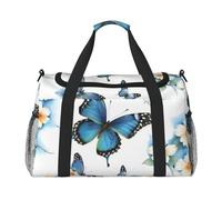 Blue Butterfly On Flower Print Foldable Carry On Tote Large Capacity Hand Carry Bag for Airplane Weekend Getaways
