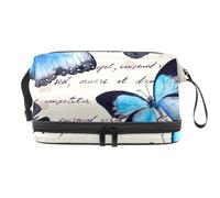 Blue Butterfly on Written Text Note Double Layer Cosmetic Bag for Women and Girls, Travel Toiletry Bag Makeup Handy Pouch Organiser Bag with Brush Compartment
