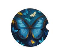 Blue Butterfly Pattern Car Coasters for Cup Holder Wood Absorbent Cup Coaster 2.6 Inch Universal Non Slip Cork Base Drink Coaster Auto Interior Accessories for Women Men 1PCS