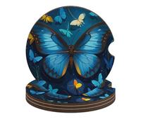 Blue Butterfly Pattern Car Coasters for Cup Holder Wood Absorbent Cup Coaster 2.6 Inch Universal Non Slip Cork Base Drink Coaster Auto Interior Accessories for Women Men 4PCS
