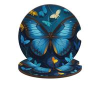 Blue Butterfly Pattern Car Coasters for Cup Holder Wood Absorbent Cup Coaster 2.6 Inch Universal Non Slip Cork Base Drink Coaster Auto Interior Accessories for Women Men 2PCS