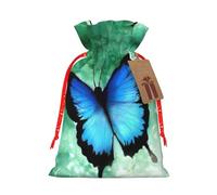Blue Butterfly Pattern Christmas Canvas Gift Bag With Drawstring,Reusable Personalizedgift Bag