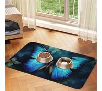 Blue Butterfly Pattern Pet Feeding Mat Absorbent Pu Leather Dog Cat Food Mats Contain Spills Protects Floors, Anti-Slip Rubber Backing Dog Bowl Mats Easy Clean Pet Placemats 40x60cm