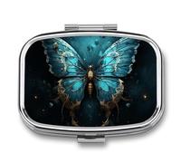 Blue Butterfly Pattern Pill Box - 2 Compartment Travel Pill Organizer with Small Mirror, Portable Pillcase for Pocket & Purse, Cute Square Medicine Case, Weekly Medicine Container