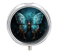 Blue Butterfly Pattern Pill Box - 3 Compartment Travel Pill Organizer with Small Mirror, Portable Pillcase for Pocket & Purse, Cute Round Medicine Case, Weekly Medicine Container