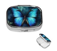Blue Butterfly Pattern Pill Case with Mirror Retro 2 Compartment Pill Box Small Pill Organizer for Purse or Pocket Decorative Metal Medicine Vitamin Organizer Unique Gifts