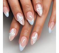 Blue Butterfly Pearl Press On Nails - 24PCS Almond Shape with Light Blue French Tips and 3D Butterfly Pearl Accents - Glossy Elegant False Nails for Women for Wedding Party or Daily Wear