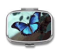 Blue Butterfly Pill Box 2 Compartments Portable Travel Pill Case Mini Medicine Organizer for Pocket Purse Metal Waterproof Medicine Container Holder Vitamin Fish Oil