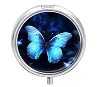 Blue Butterfly Pill Box 3 Compartment Travel Pill Organizer 3 Times A Day Cute Mini Pill Case for Purse & Pocket Portable Metal Medicine Box with Mirror Round Daily Medicine Vitamin Container