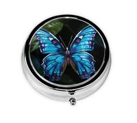 Blue Butterfly Pill Box Metal Round Small Pill Case Cute 3 Compartment Pill Organizer Portable Travel Pillbox Mini Pill Container Holder for Daily Medicine Supplement Vitamin