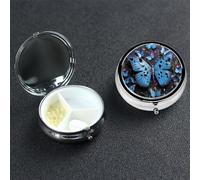 Blue Butterfly Pill Box with Mirror 3 Compartment Decorative Pill Case for Purse or Pocket Small Round Pill Organizer Weekly Metal Medicine Tablet Vitamin Holder Travel Gift
