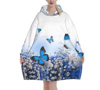 Blue Butterfly Print Blanket Hoodie Oversized Wearable Hooded Blanket Warm Throw Blanket Sweatshirt For Women Men Teens 320g Flannel