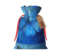 Blue Butterfly Print Drawstring Present Bag,Reusable Fabric Sack With Kraft Paper Hang Tag