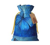 Blue Butterfly Print Drawstring Present Bag,Reusable Fabric Sack With Kraft Paper Hang Tag