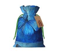 Blue Butterfly Print Drawstring Present Bag,Reusable Fabric Sack With Kraft Paper Hang Tag