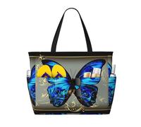 Blue Butterfly Print Large Waterproof Beach Tote Bag for Women with Zip and Pockets Foldable Handbag for Travel Pool Shopping Holiday Gym