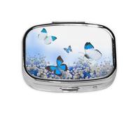 Blue Butterfly Print Pill Box 2 Compartment Medicine Pill Case,Portable for Pocket Or Purse Pill Box Decorative Metal Medicine Organizer