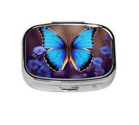 Blue Butterfly Print Pill Box Square Pill Case 2 Compartment Small Metal Medicine Organizer Portable Travel Pillbox for Pocket Purse Cute Mini Pill Container to Hold Daily Vitamins
