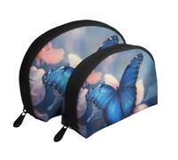 Blue Butterfly Print Shell-Shaped 2-Piece Makeup Bag Set Travel Cosmetic Organiser Stylish Storage for Beauty & Gifts for Women Girls