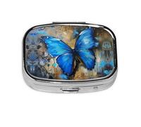 Blue Butterfly Print Square Metal Pill Box Decorative Pill Case - Carry Your Meds in Style (Rectangular)