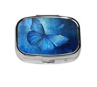 Blue Butterfly Print Square Metal Pill Box Decorative Pill Case - Carry Your Meds in Style (Rectangular)