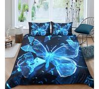 Blue Butterfly Printed Double Duvet Cover Set Fluorescent Art Bedding Set Ultrasoft Microfiber Quilt Cover 200x200 cm with Zipper and 2 Pillowcases for Double Bed C.2792