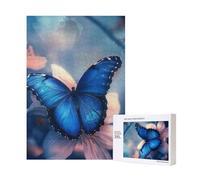 Blue Butterfly Printed Jigsaw Puzzle with Storage Box, Wooden Puzzle for Adults and Kids, 300 Pieces Family Fun Decorative Game