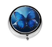 Blue Butterfly Printed Round Pill Organizer with 3 Compartments, Portable Mini Pill Box Pill Case for Medicine, Vitamin, Fish Oil, Supplements
