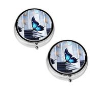 Blue Butterfly Round Pill Box Compact 3 Compartment Metal Pill Organizer with Print Design, Portable Travel Medication Case for Daily