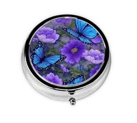 Blue Butterfly Small Pill Box 3 Compartment Portable Pill Box for Purse Pocket Purple Flower Mini Medicine Organiser for Daily Vitamin Fish Oil Storage