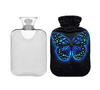 Blue Butterfly Space Hot Water Bottle with Velvet Cover, 1L Hot Water Bag for Hot and Cold Compress, Period Warmer for Cramps, Ideal for Shoulder Period Pain Relief