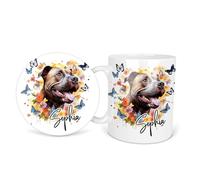 Blue Butterfly Staffordshire Bull Terrier Staffy Name Personalised Personalized Ceramic Coffee Mug 11oz Durham Tea Mug Gift Set Round Square Coaster Cup Handle Dishwasher Safe Custom Printed Design