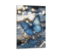 Blue Butterfly Wall Art Nature-Inspired Insect Artwork Print with Water Reflection Living Room Office Decor Elegant Botanical Aesthetic Poster on Canvas Home Decor Gift 20x30inch Frame