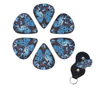 Blue Butterfly Water Guitar Picks 6 Pack, 0.71mm Thickness Celluloid Bass Pick with Leather Guitar Pick Holder Keychain Abstract Art Pics Plectrum for Acoustic Electric Guitar, Ukulele, Bass