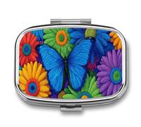 Blue Butterfly with Vibrant Flowers Pill Box 2 Compartment Portable Medicine Pill Case Travel Pill Organizer for Pocket Purse