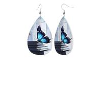 Blue Butterflyprint Leather Earring Stylish Waterdrop Shaped Dangle Earrings With Double Sided Print, Pvc Leather 925 Silver Plated Hooks For Womenâ€™s Fashion Holiday Party Gift