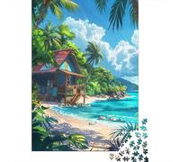 Blue Cabin Beach Forest Travel Puzzle 1000 Pieces, Peaceful Valley Travel Art, Matte Printed Jigsaw, Decorative Artwork for Puzzle Lovers, Adult Puzzle, 52x38cm/1000pcs